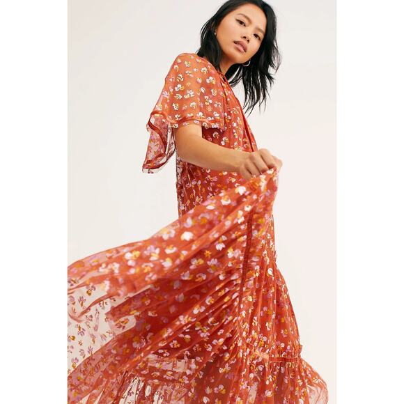 Free People Practical Magic Midi Dress Floral Sheer Velvet Trim Sz XS - Picture 1 of 8